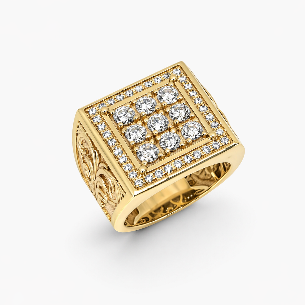 Mens Fashion Ring 10K Yellow Gold Men’s Square Ring with Engraved Sides Pochy Jewelry in Miami