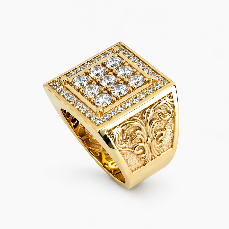 Mens Fashion Ring 10K Yellow Gold Men’s Square Ring with Engraved Sides Pochy Jewelry in Miami