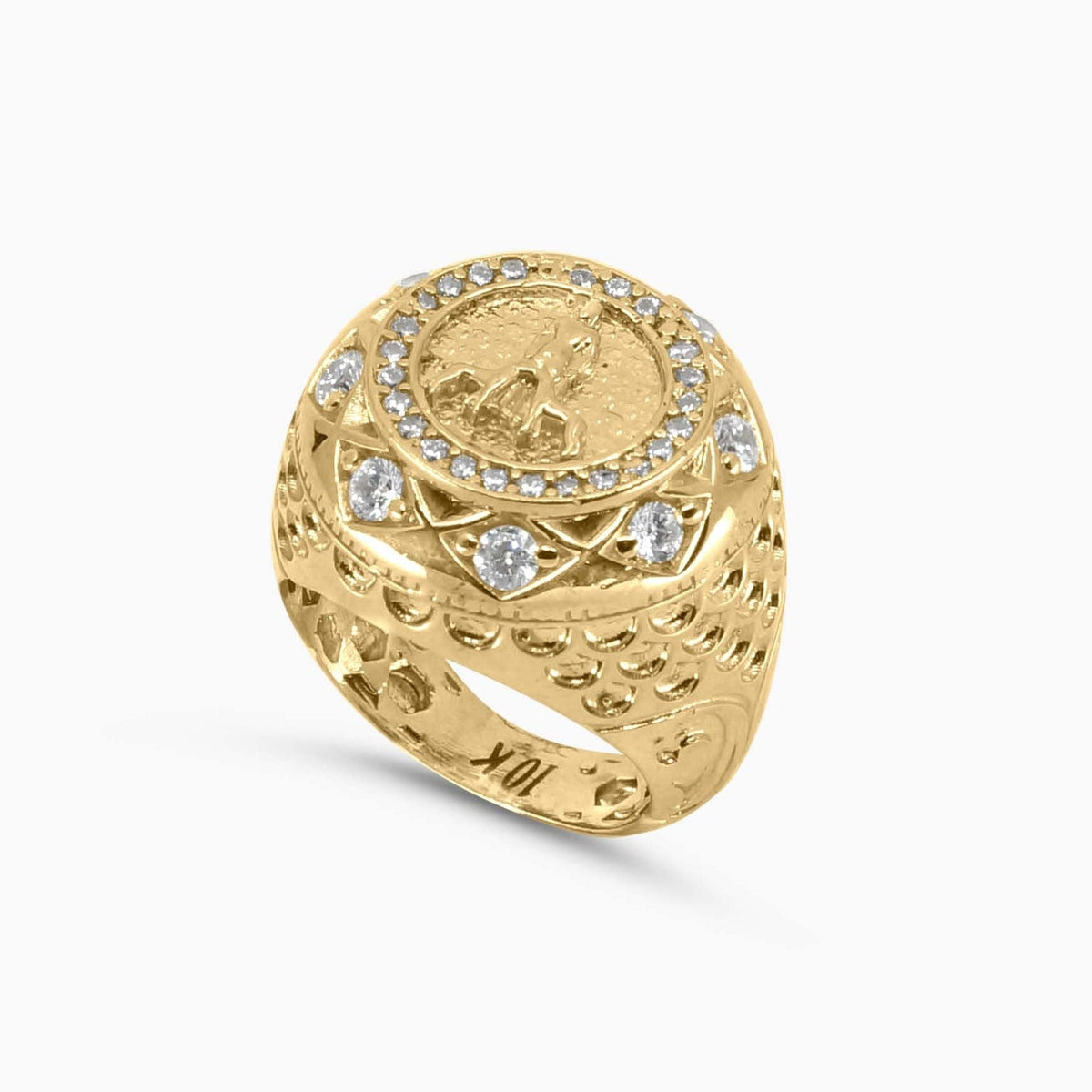 Mens Fashion Ring Round Cluster Gold Ring with St. Lazarus in 10K Pochy Jewelry in Miami